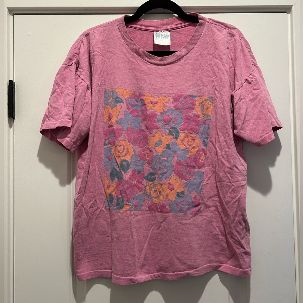 Fresh Produce SportsWear Floral Block Graphic Tee Pink Garment Dyed Vintage XL